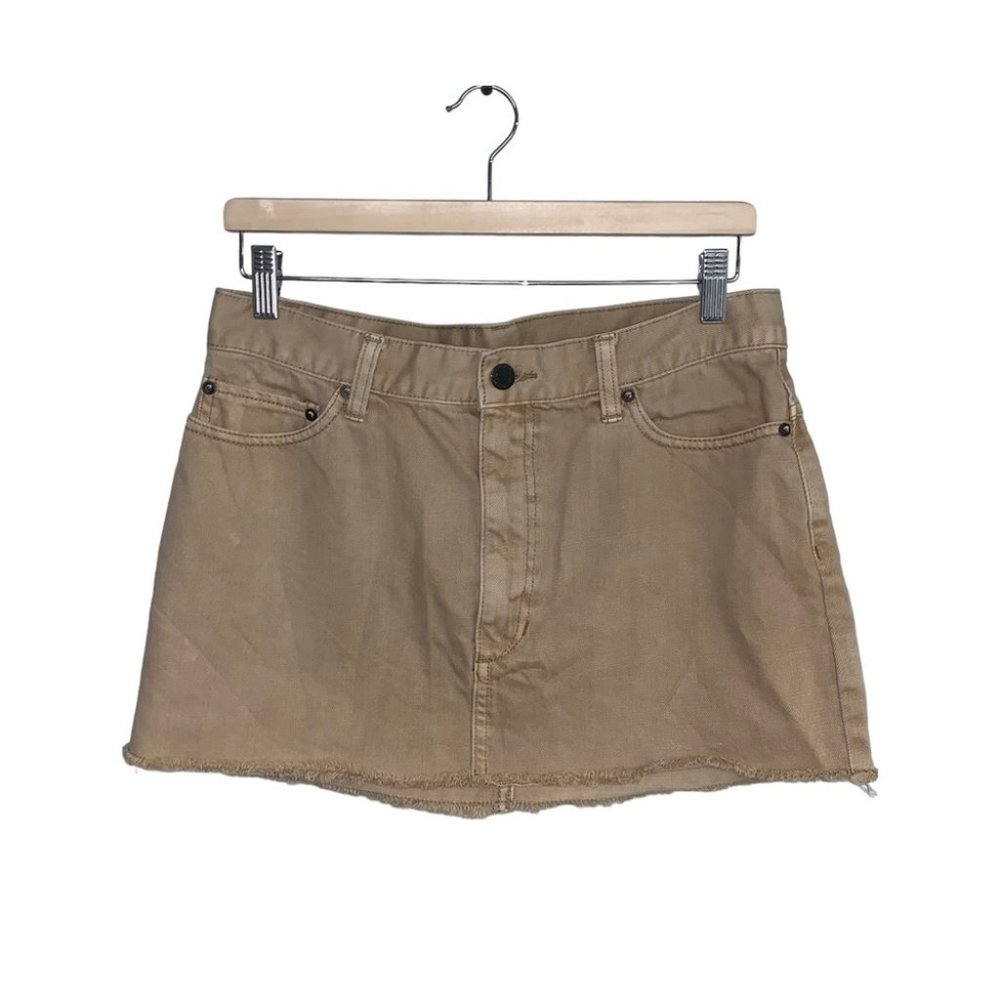Free People Denim Mini Skirt Tan Frayed Hem Bohemian Boho Stitching Women Size 8